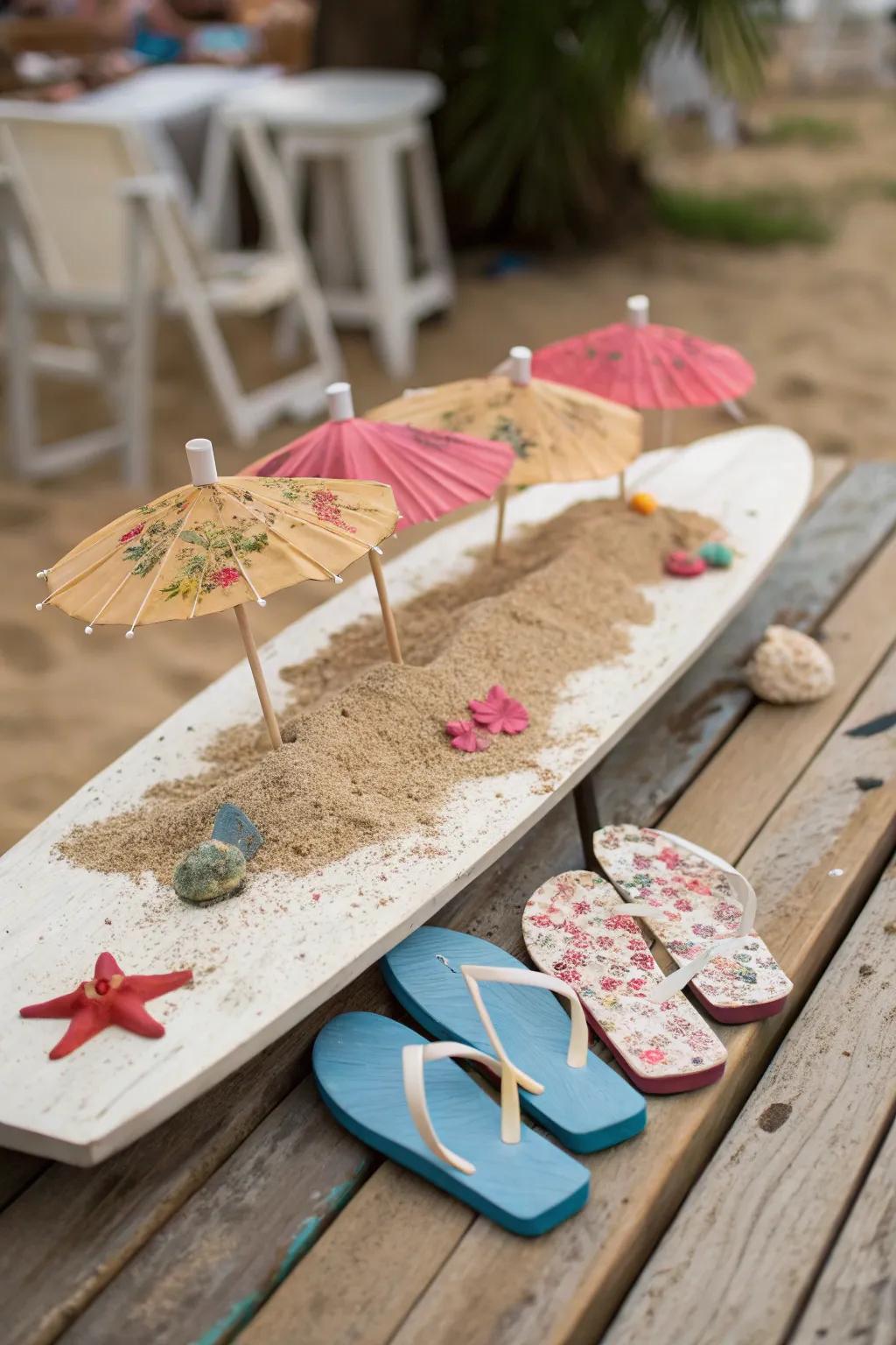 A board embellished with beach must-haves like tiny umbrellas and flip-flops.