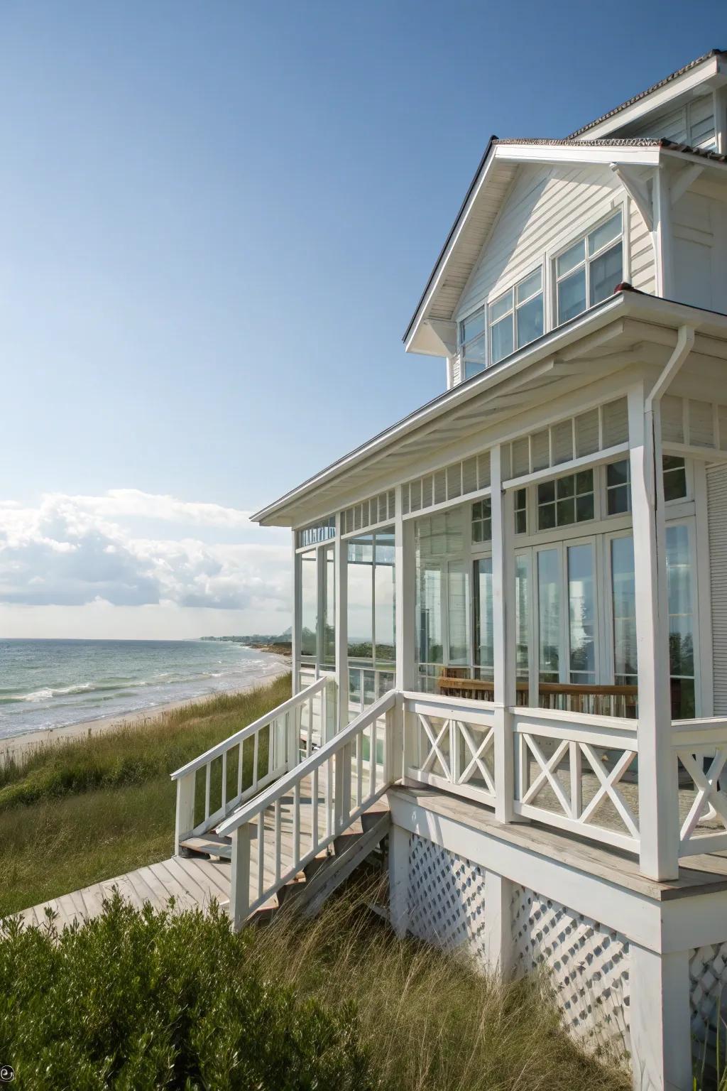 A seaside white summer house evokes a refreshing coastal ambiance.