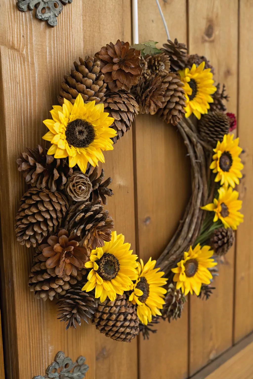 Country allure with pinecone sunflowers, offering a distinctive element.