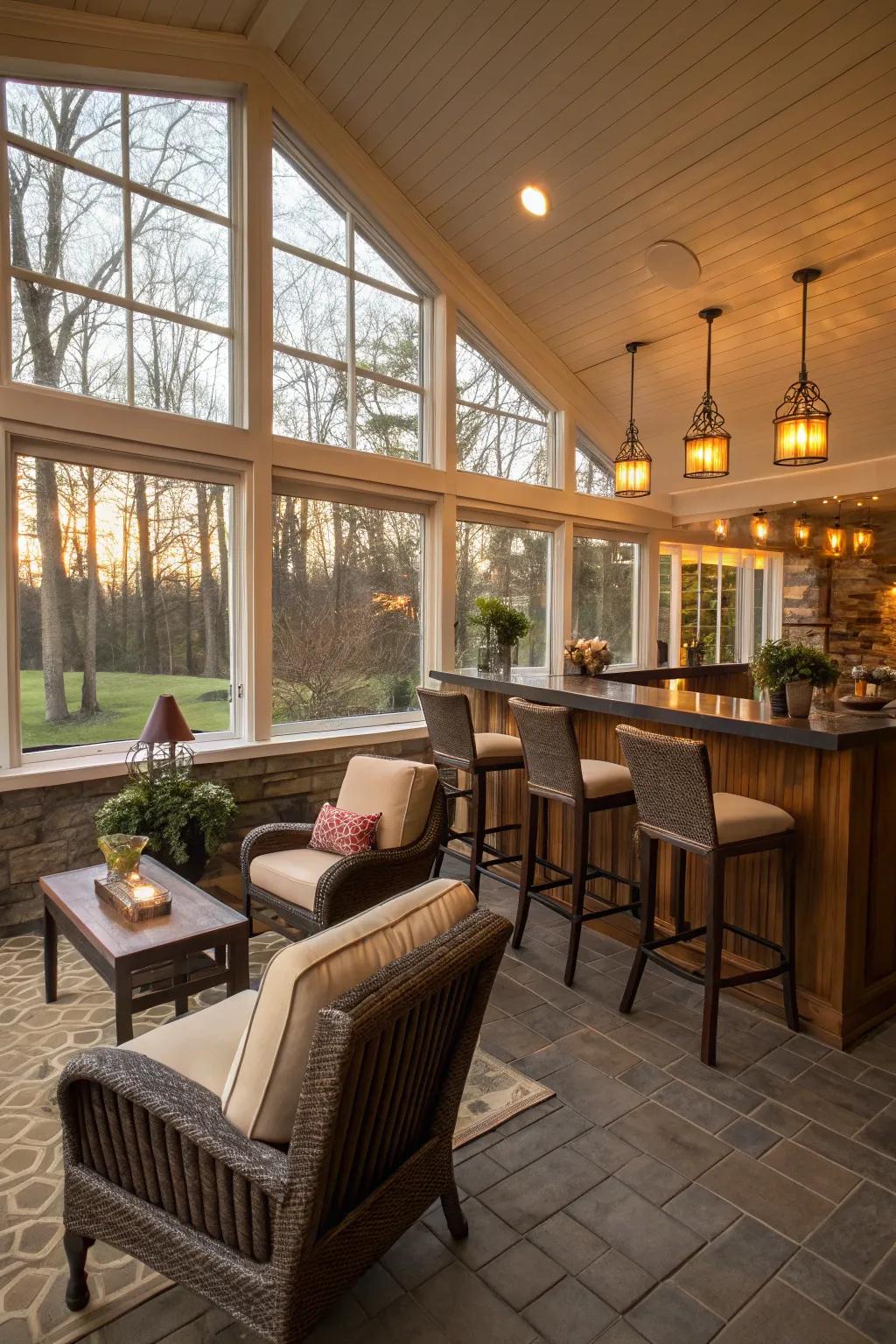 A relaxing seating spot in your sunroom bar fosters social communication and comfort.