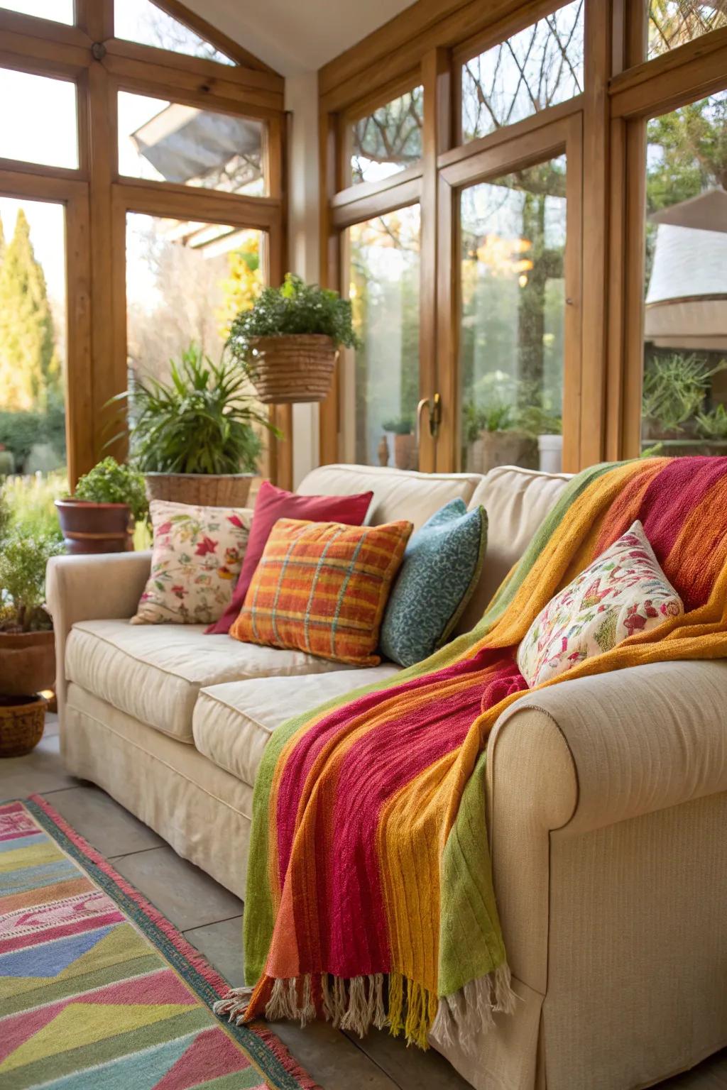 Combining textures enhances the comfort and style of this sunroom area.