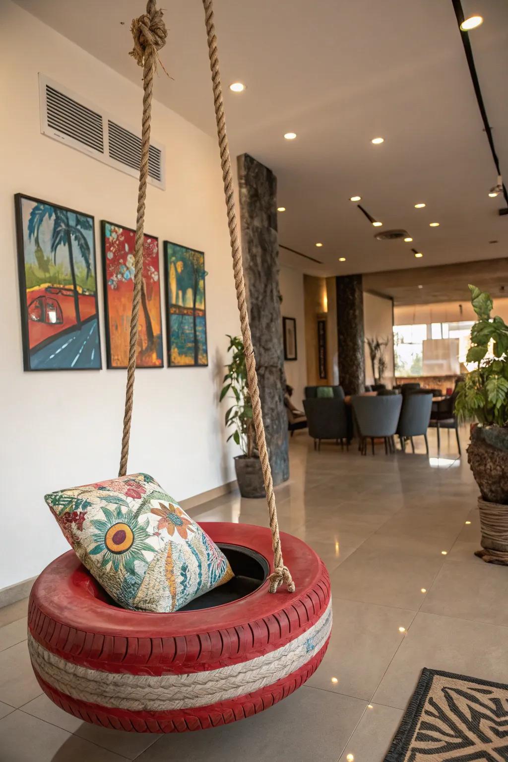 Create a bold statement with an upcycled tire swing in your living room.