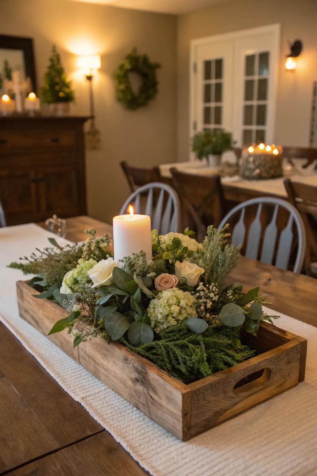 A rustic centerpiece featuring natural wood and greenery.