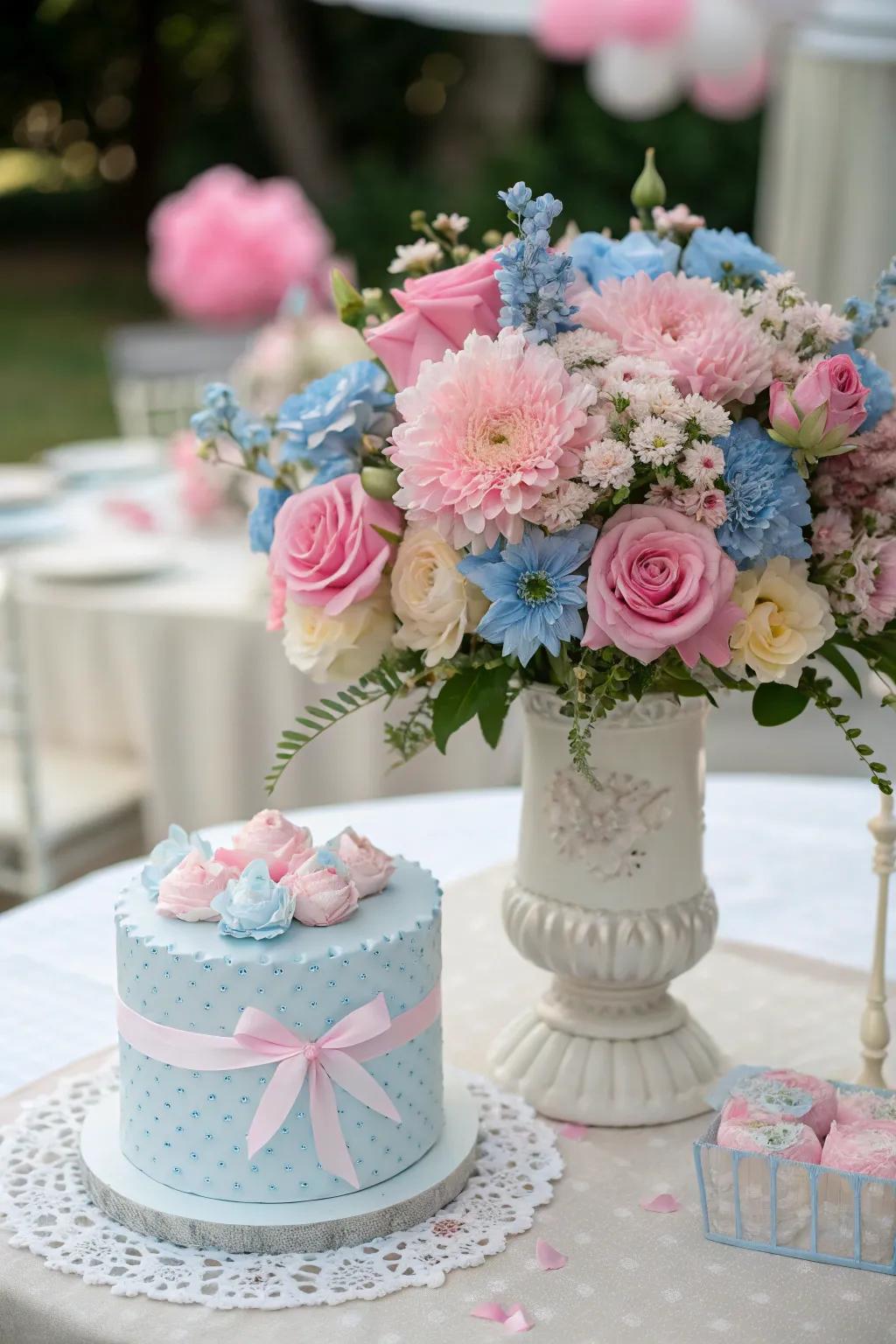 Elegant flower displays incorporate a refined touch to your gender reveal table.
