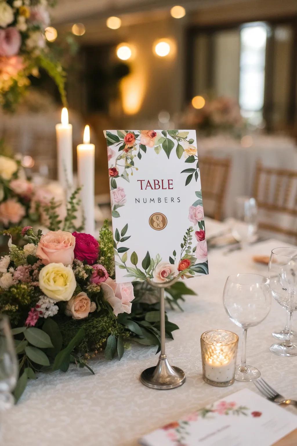 Bloom-adorned card stands make a grand impression at formal gatherings.
