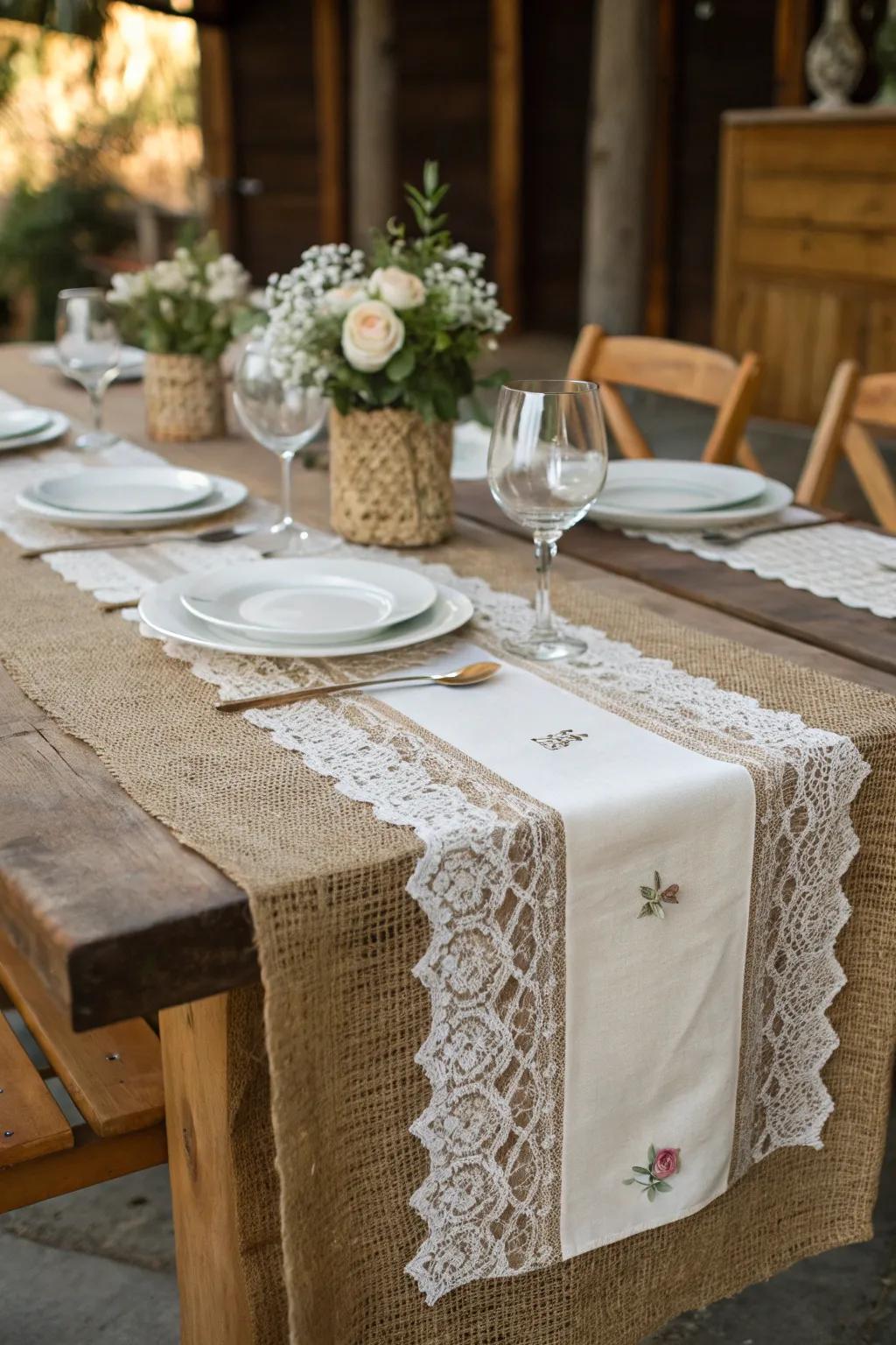 A homespun and lace table runner creating a rustic, cozy atmosphere.