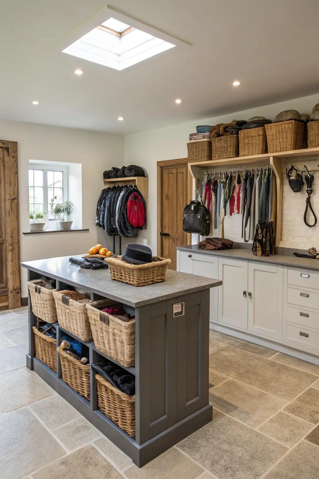 A tack room showcasing a central island designed for workspace and storage.