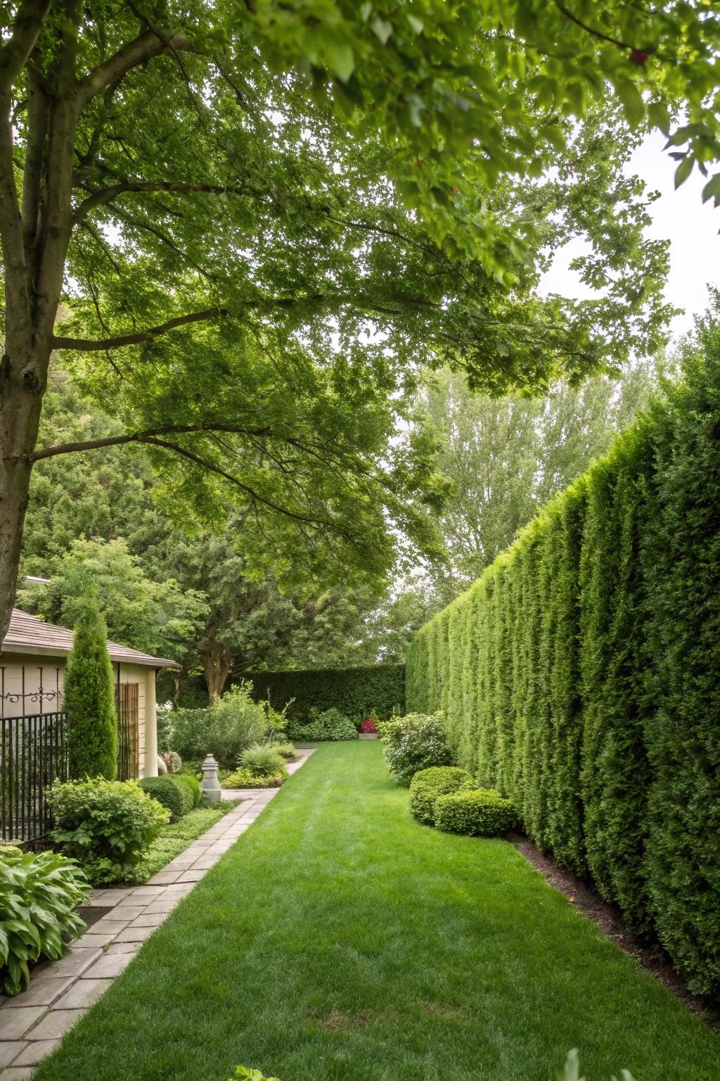 Elevated green hedges forming a natural privacy screen in a backyard setting.