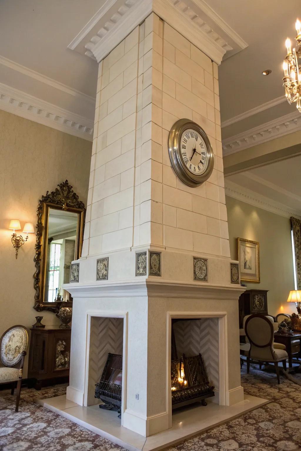 A blend of modern and classic styles creates a unique fireplace design.