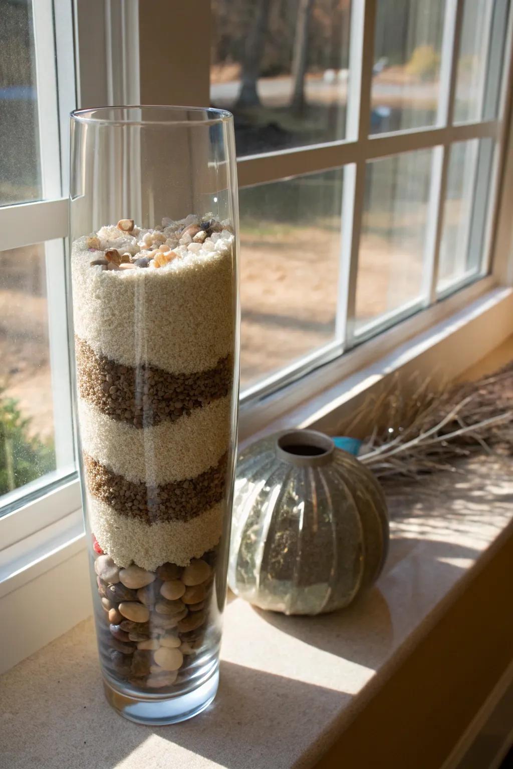 A serene elevated glass vase showcasing strata of silica and river stones, encapsulating a coastal essence adjacent to the aperture.