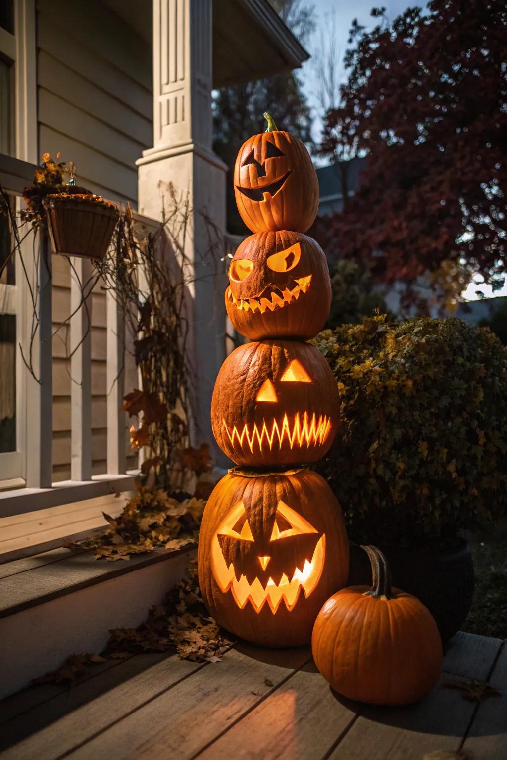 Construct a frightening tower using staggered pumpkins, each bearing its own terrifying expression.