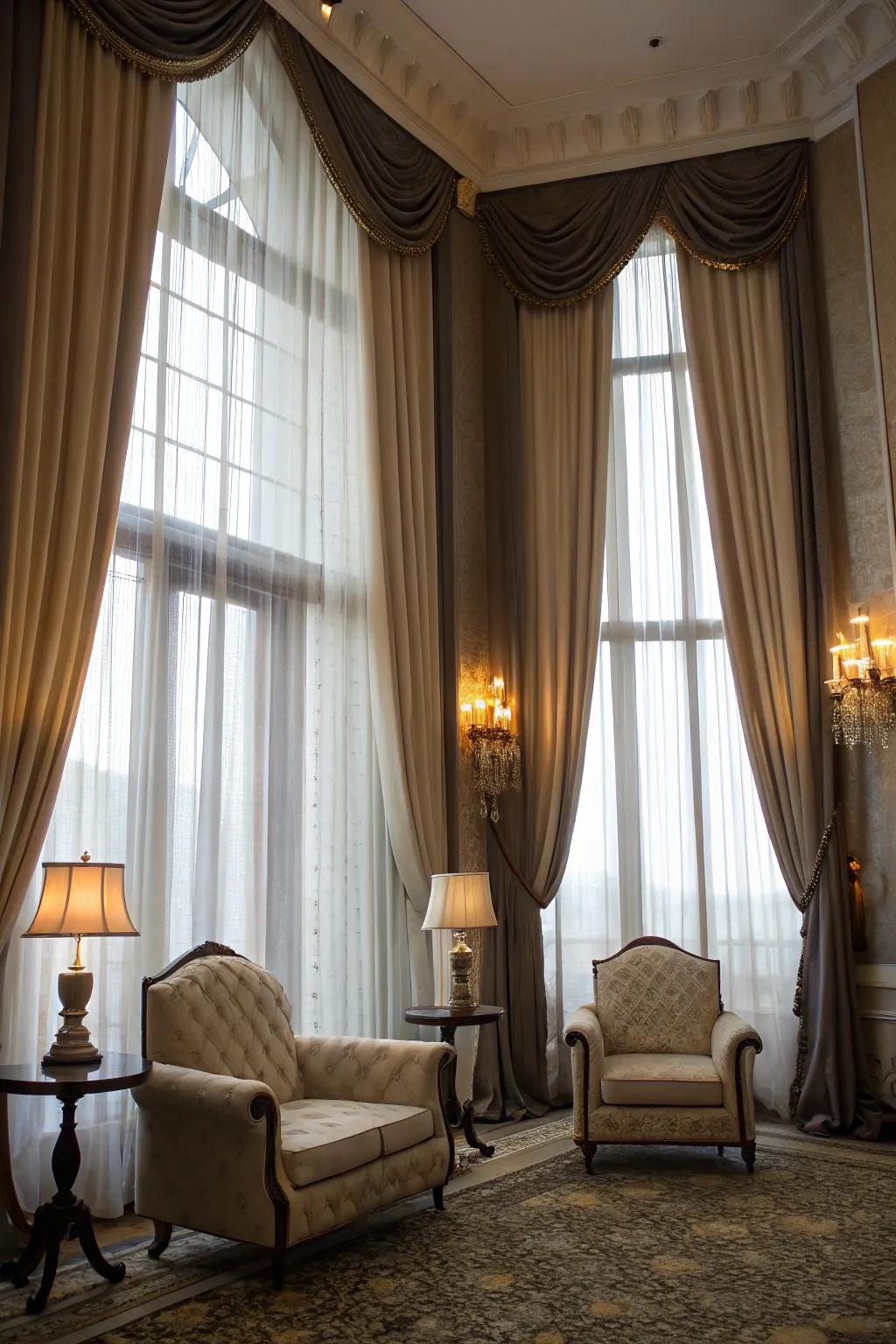 Layered curtains provide flexibility and elegance.