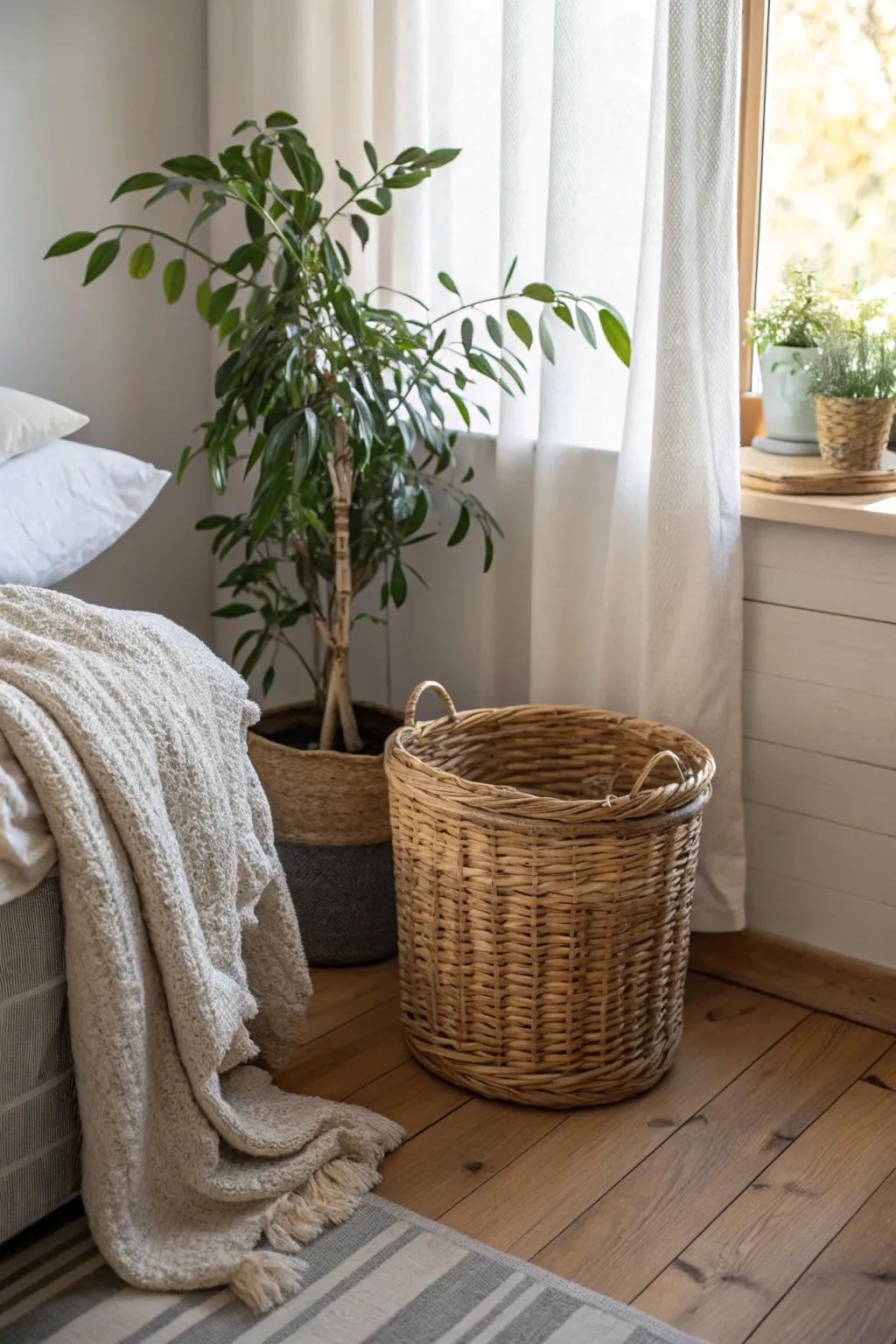 Natural items such as vegetation and basketry uplift the tan design.