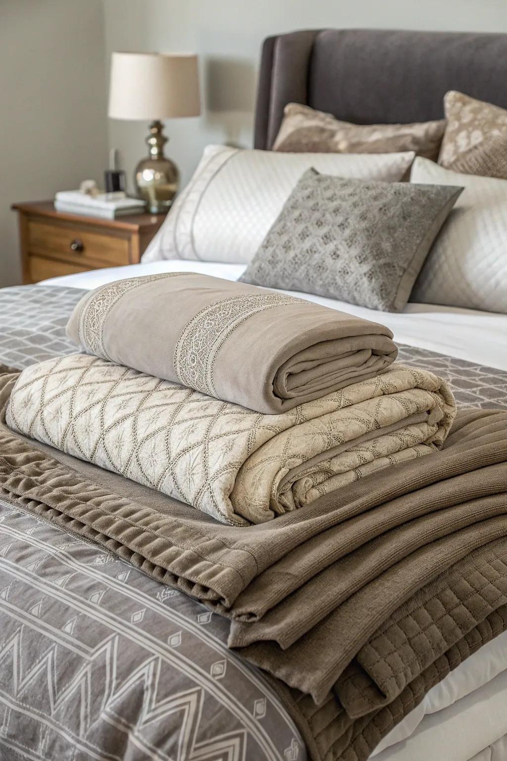 A bed adorned with plush soft brown and grey bedding.