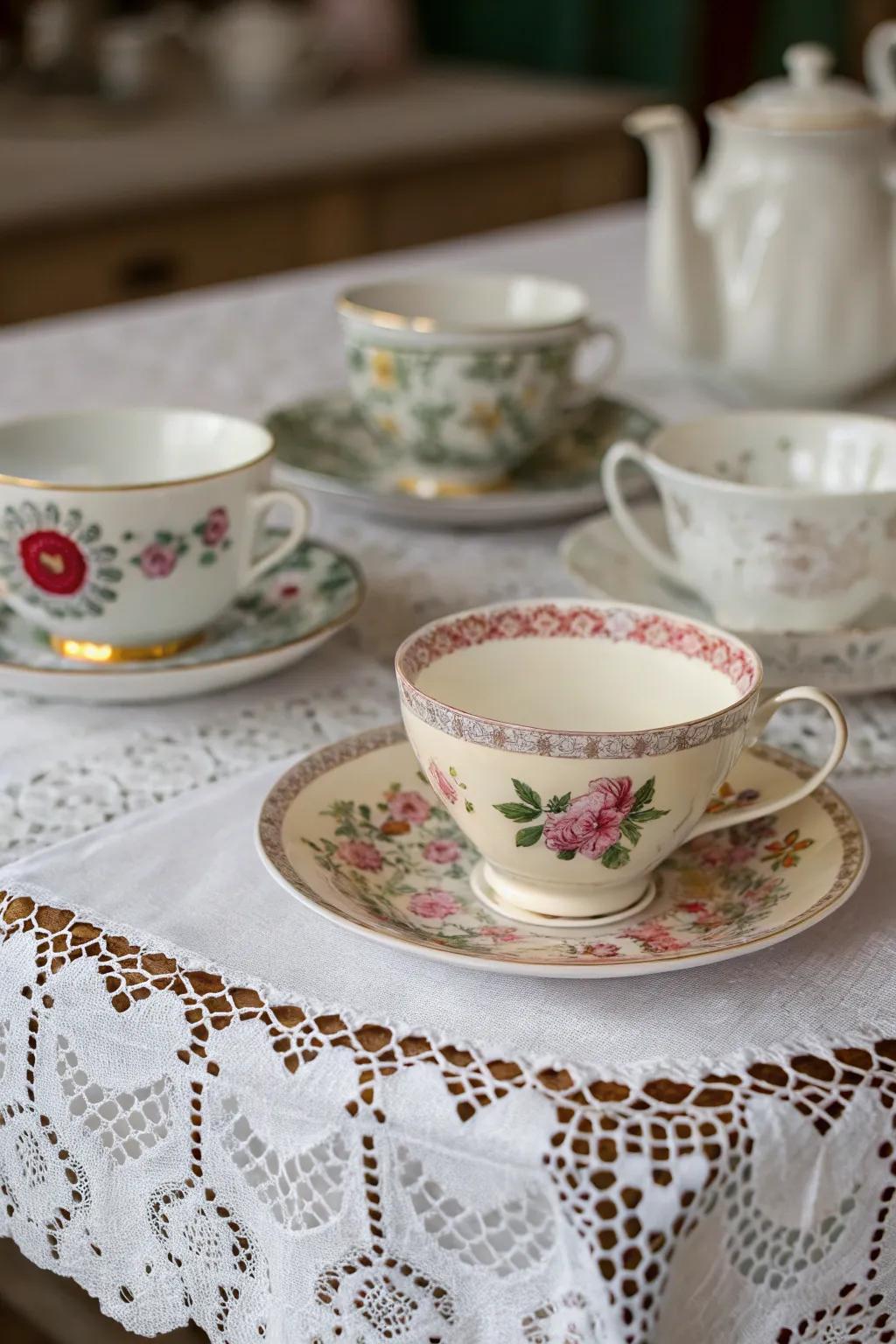 Antique serving sets with mixed designs create a fanciful tea party atmosphere.
