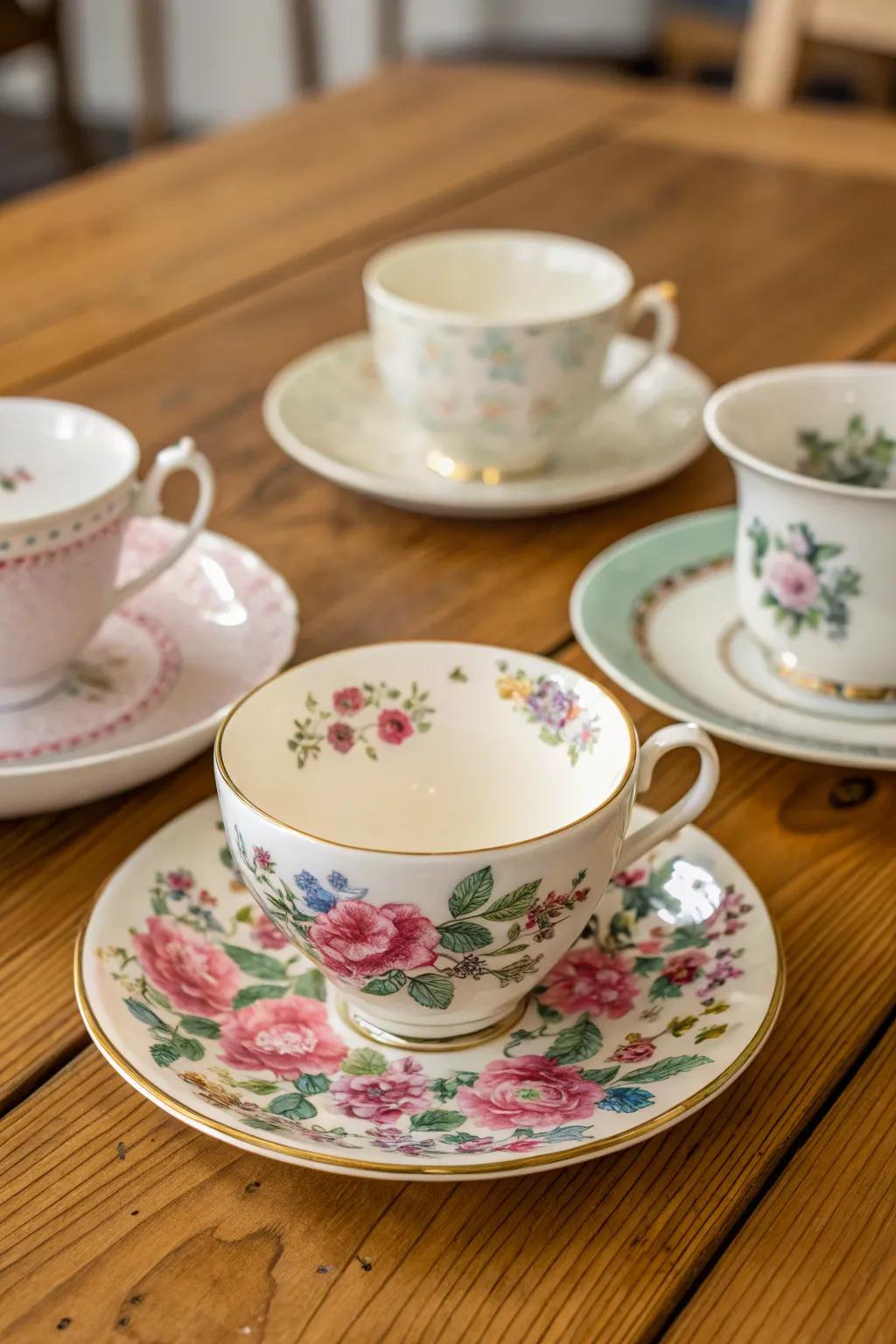 An assortment of vintage tableware beverage cups and saucers contributes appeal to the table.