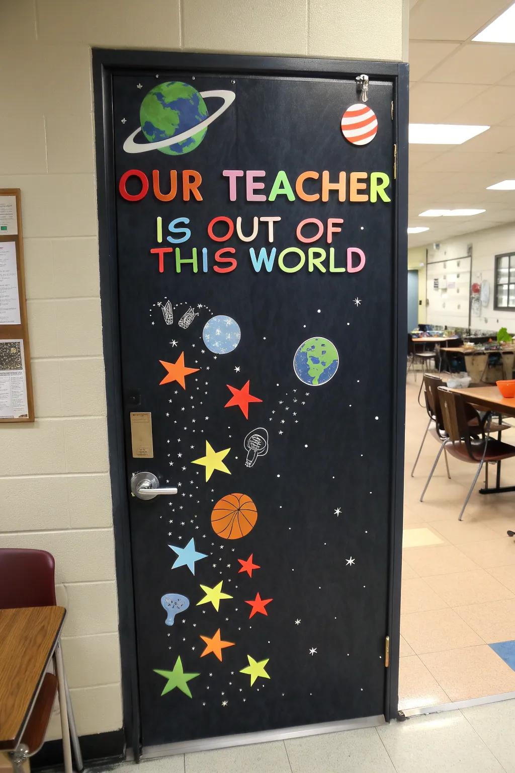 An otherworldly door design celebrating teachers with a cosmic theme.