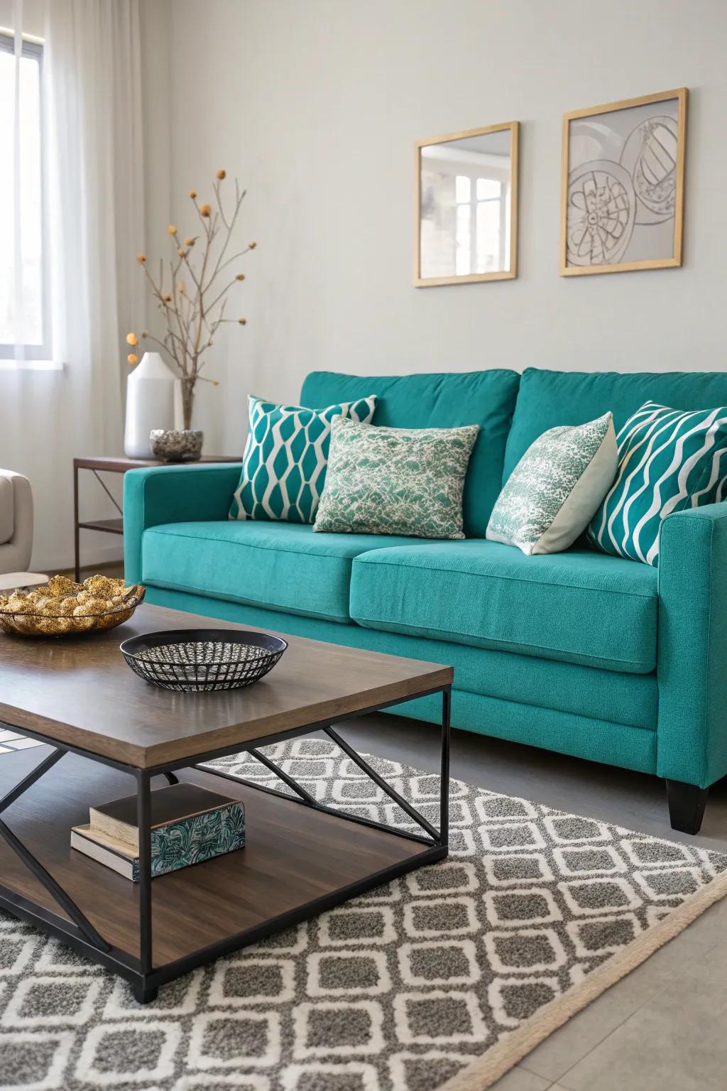 An aquamarine loveseat stands out as an awe-inspiring focal element in this snug living room.