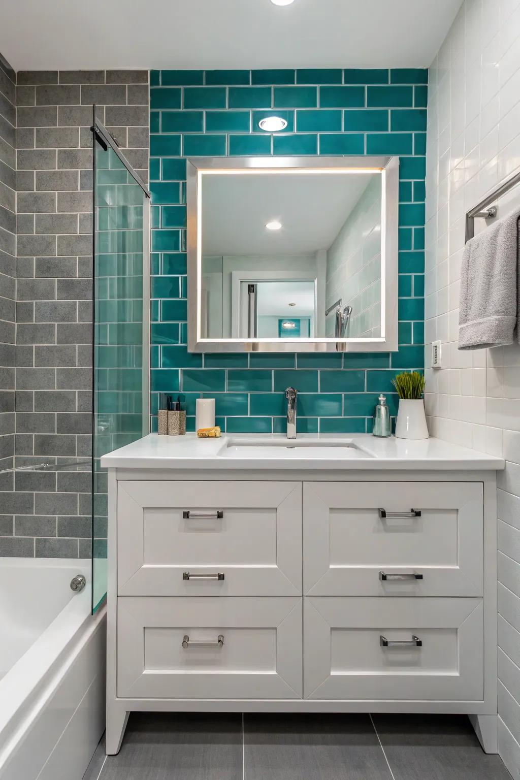Produce a striking center point utilizing a teal tiling highlight wall.