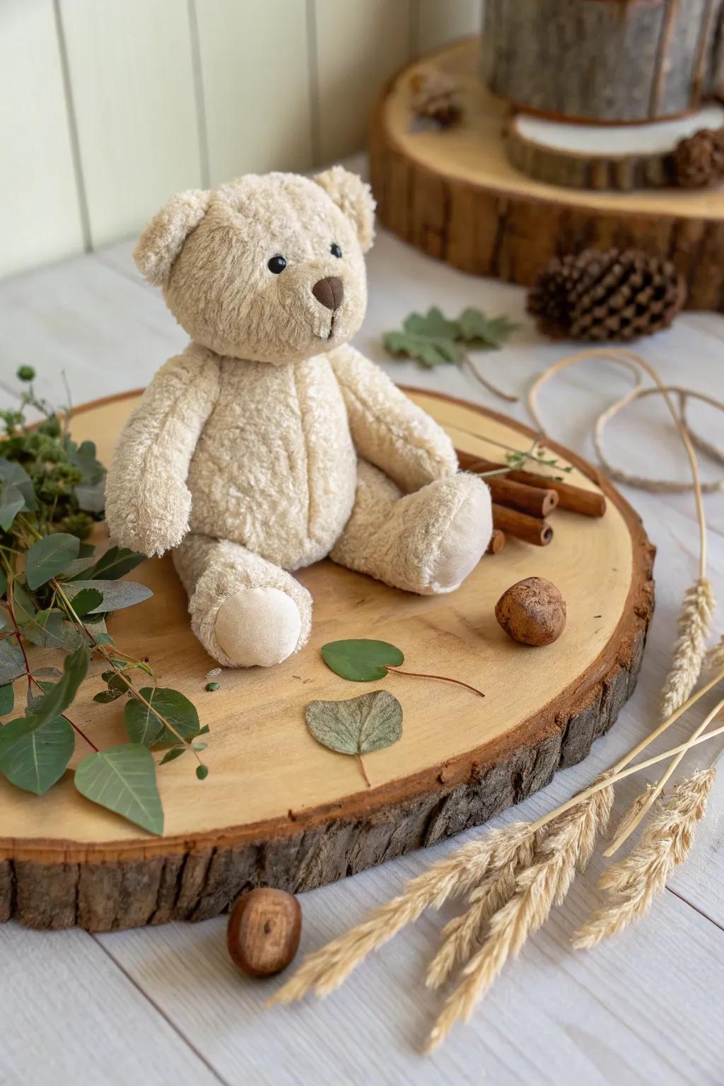 Country allure featuring a cuddly bear upon a sawn wood platform.