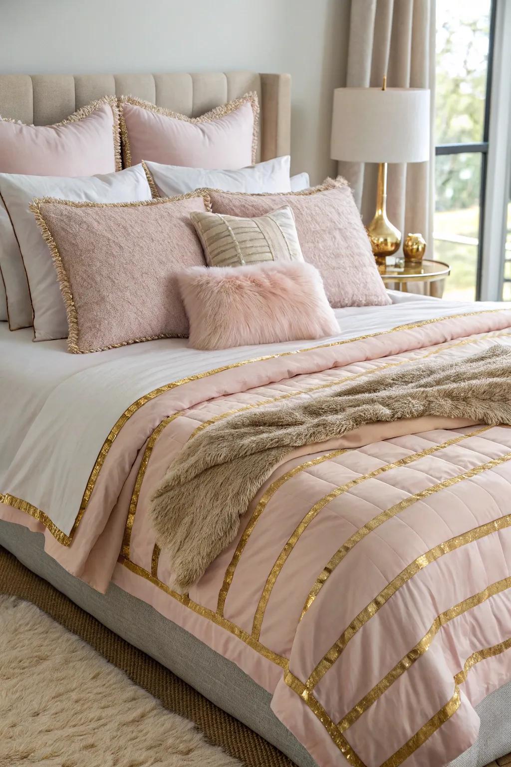 Layered blush and gold bedding creates a comfortable and stylish look.