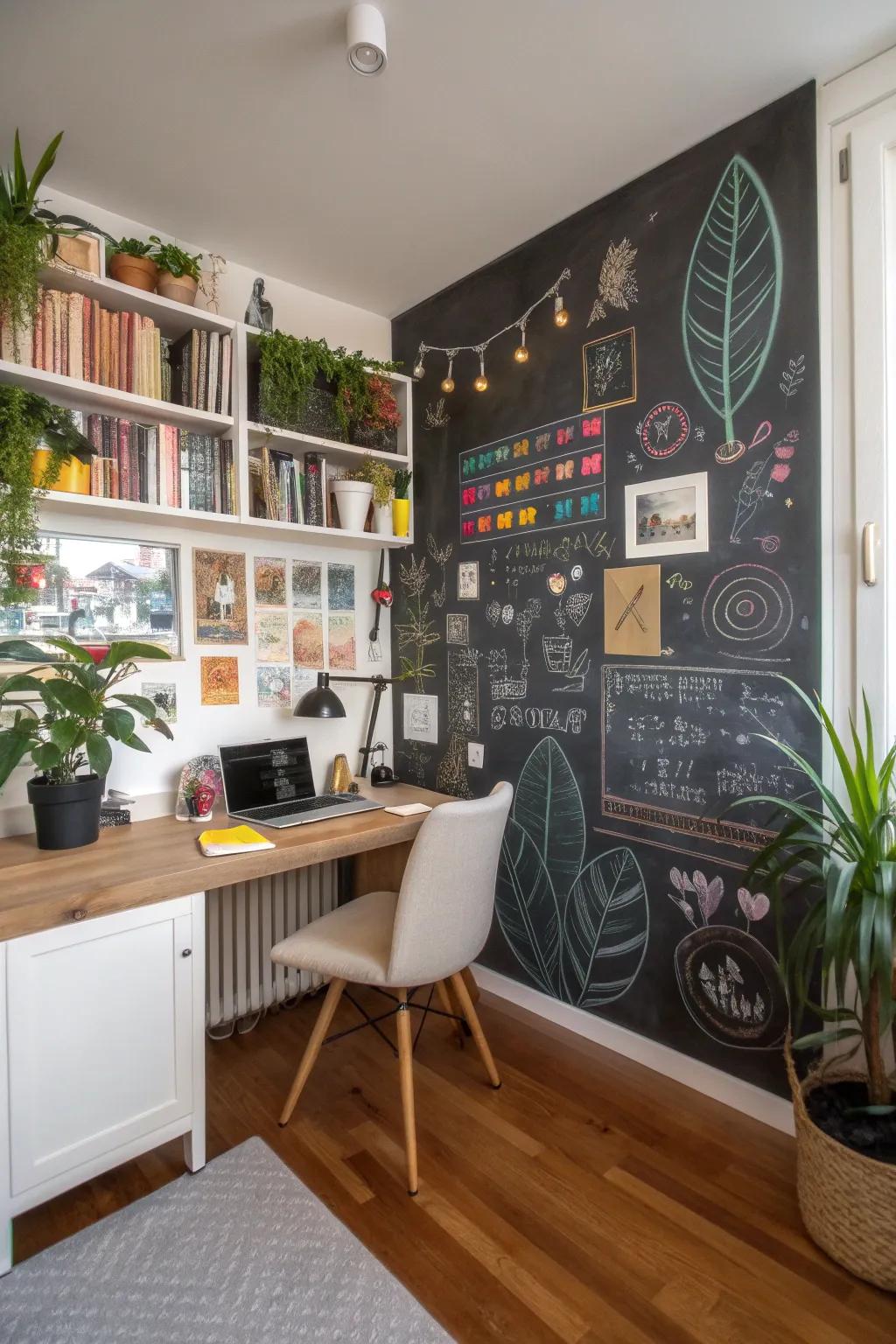 A blackboard wall in a home office sets the stage for creativity and structure.