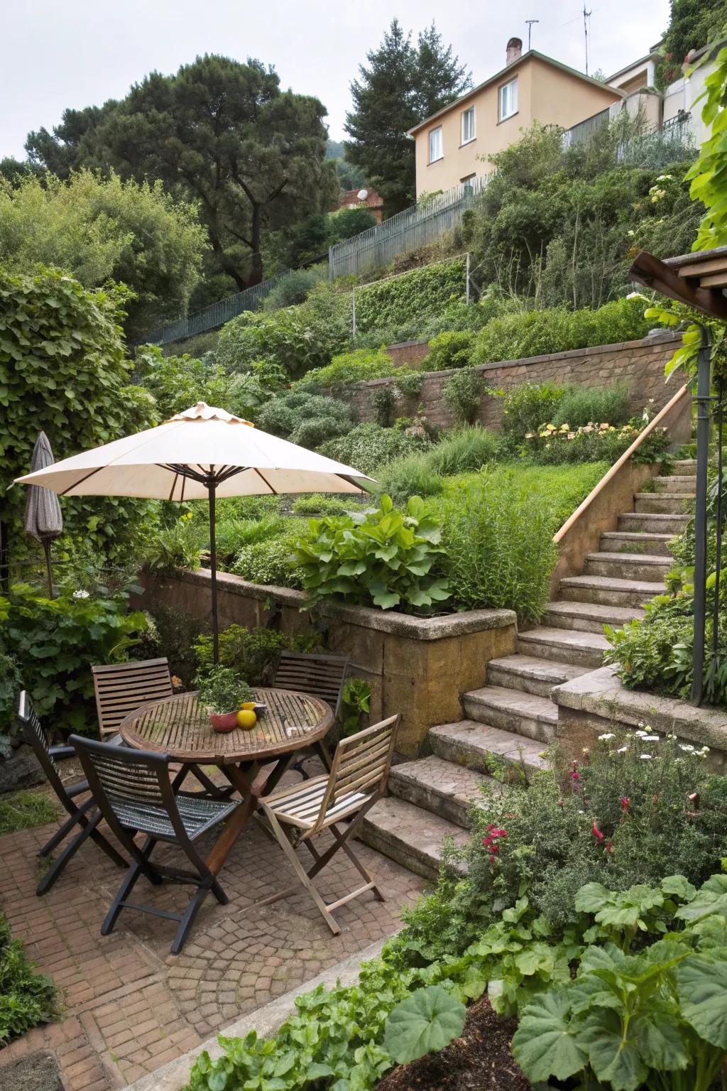 An attractive outdoor dining arrangement on a terraced garden, complete with shade and surrounded by lush greenery.