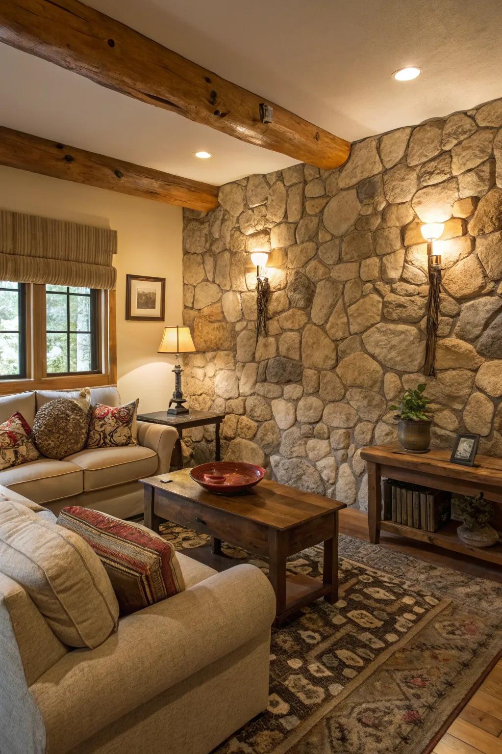 A cozy living space featuring a natural stone-inspired textured wall.