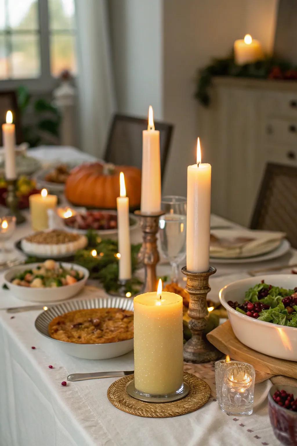 Candles foster a cozy and welcoming atmosphere for your dining arrangement.
