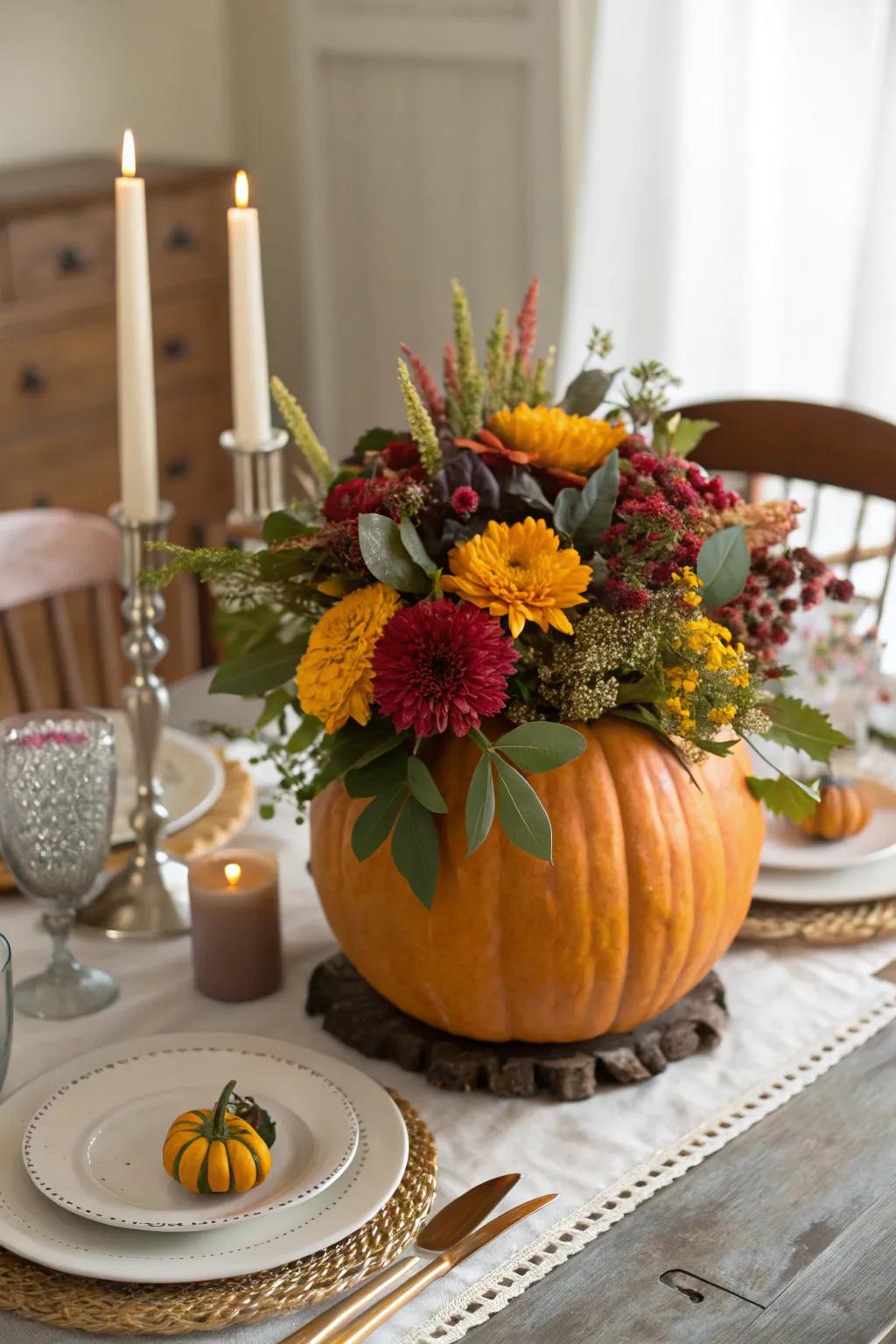 A squash centerpiece overflowing with vibrant blossoms.