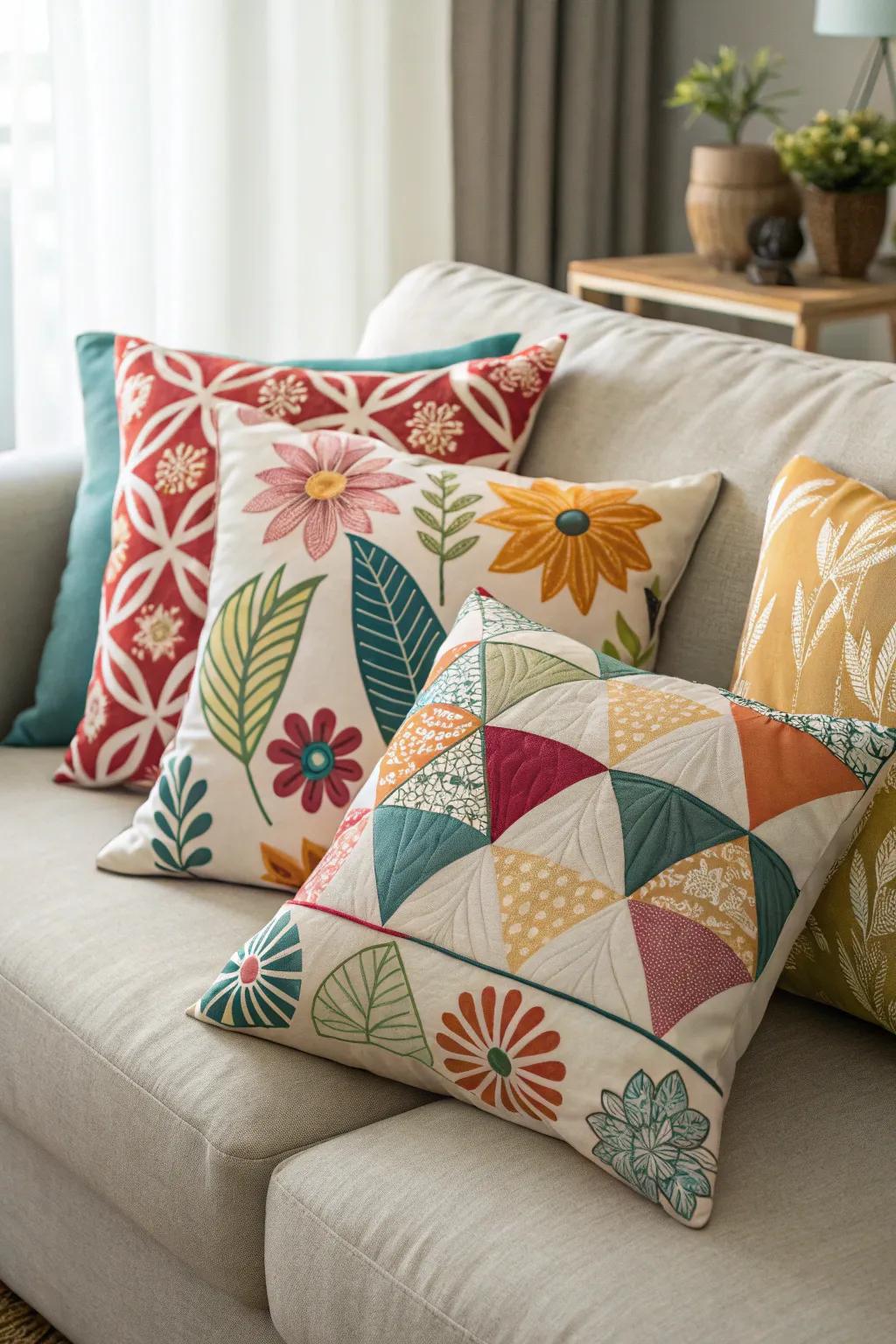 A lively blend of patterns including geometric and floral designs displayed on a comfortable sofa.