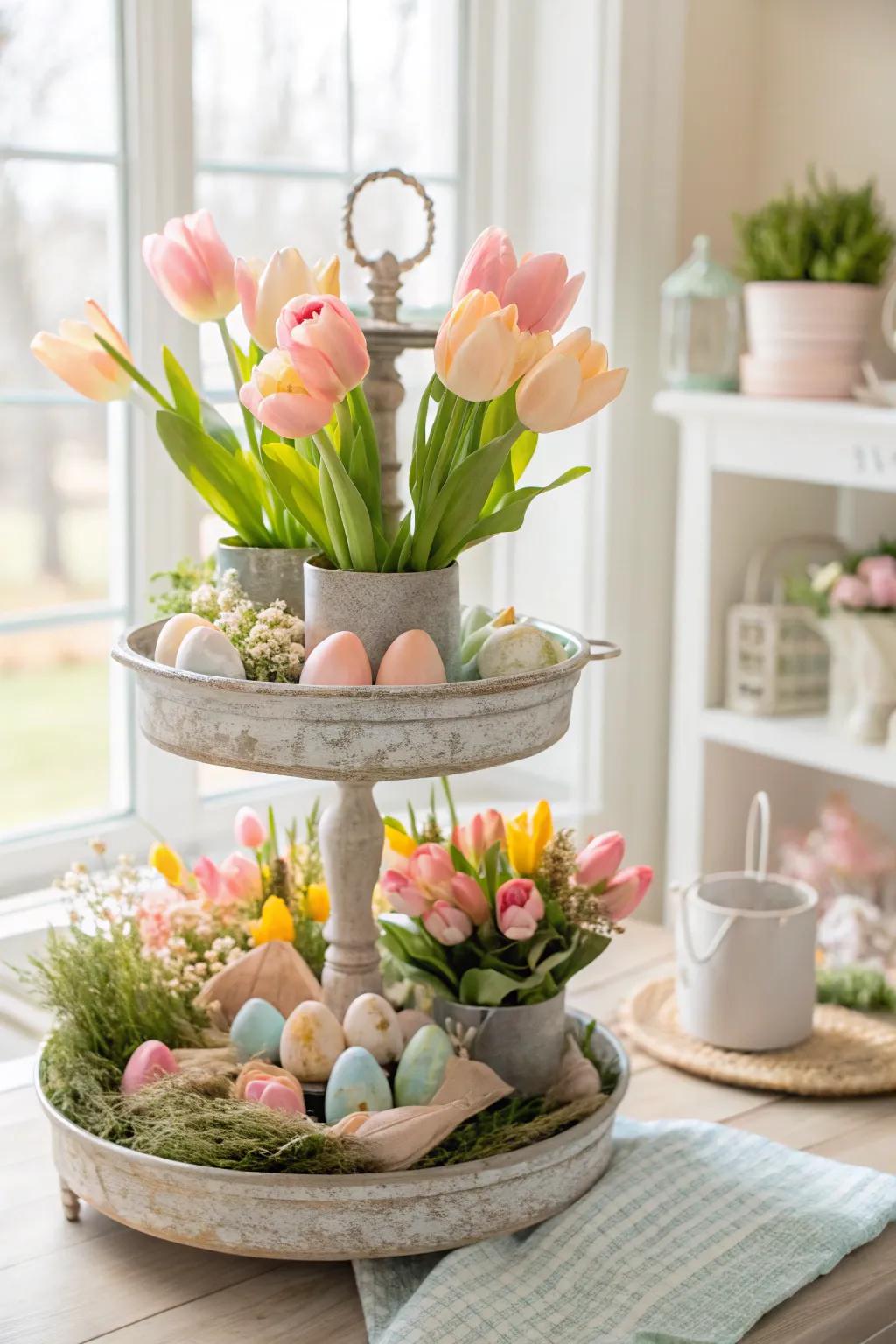 A spring-inspired tiered tray brimming with vibrant artificial tulips.