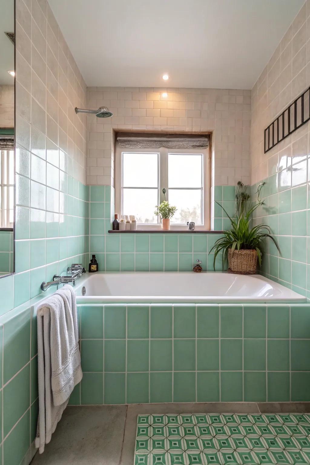 Pastel tiles impart a soft and calming influence on your bathing sanctuary.