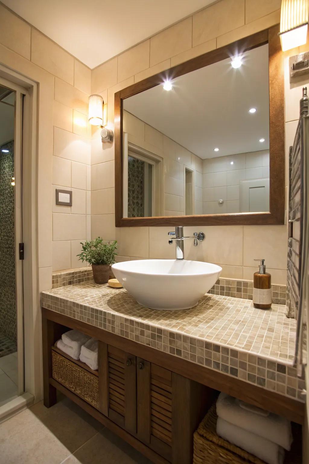 A vessel sink enhances the elegance of a tiled countertop.