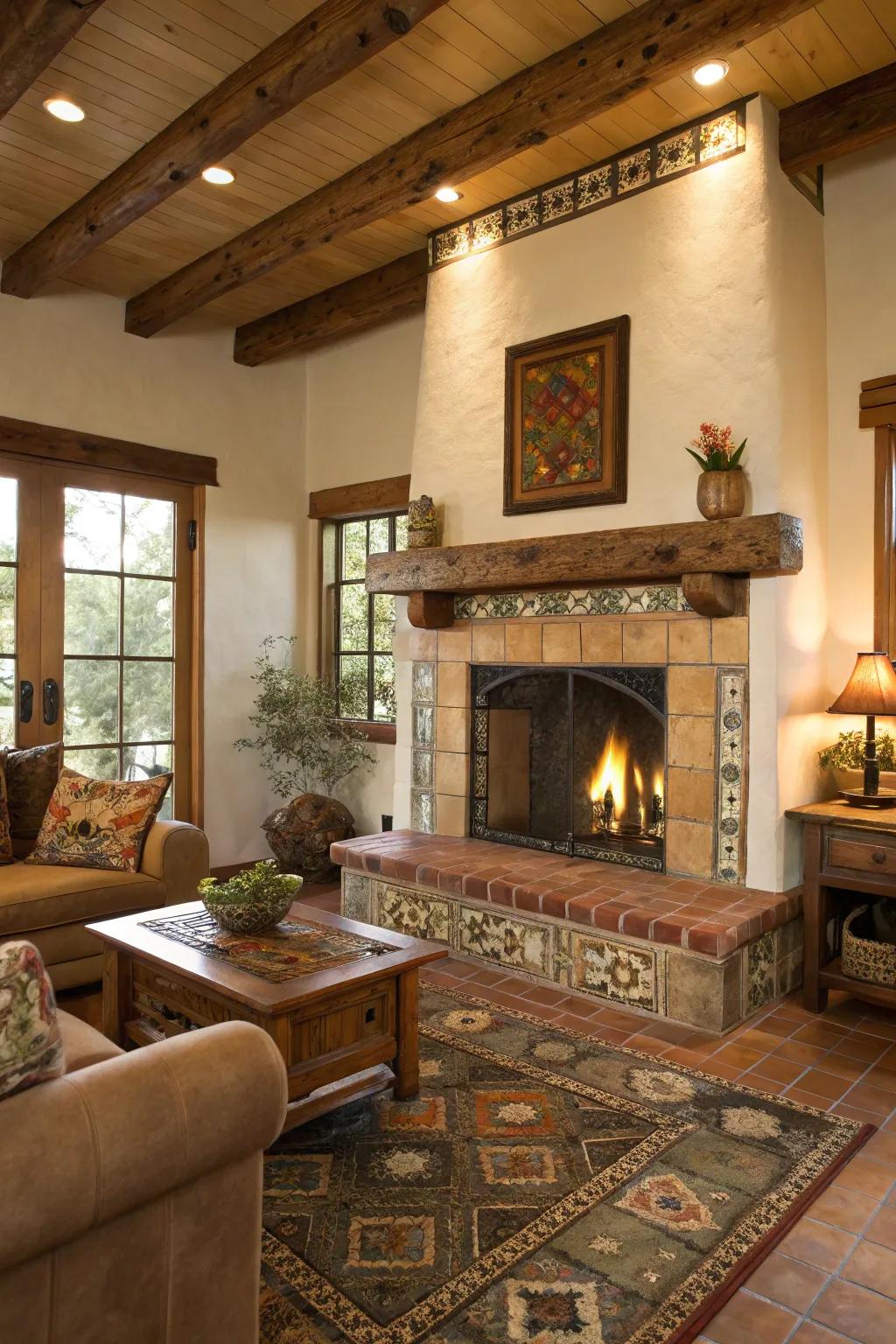 Country warmth: an unprocessed wood mantel beautifully complements earthy tiles.