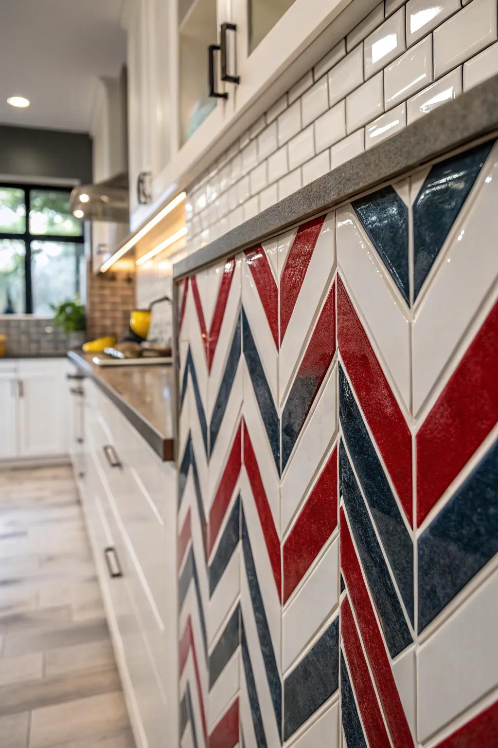 A dynamic arrow design introduces a striking feature to this cooking area backsplash.