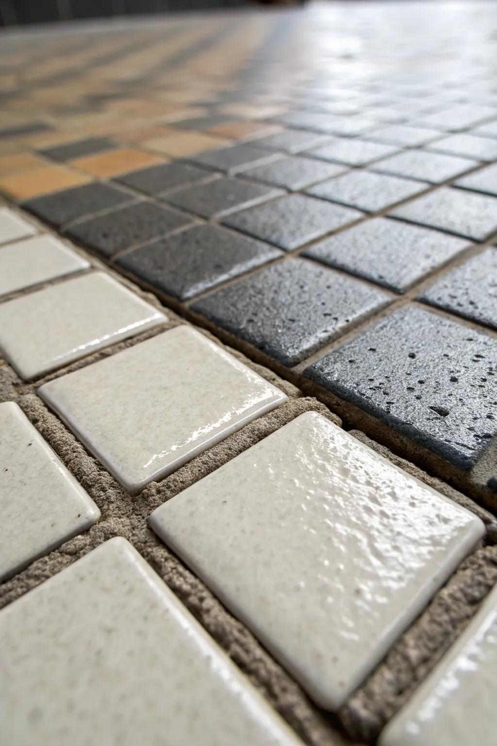 A textural contrast adds depth to this tile transition.