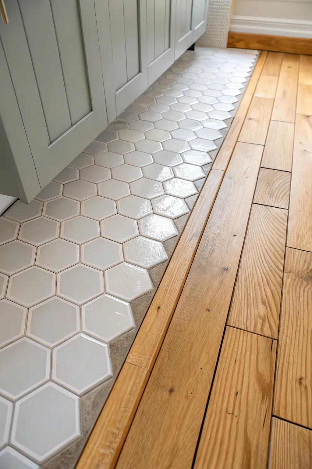 Hexagonal tiles creatively blend into timber planks.