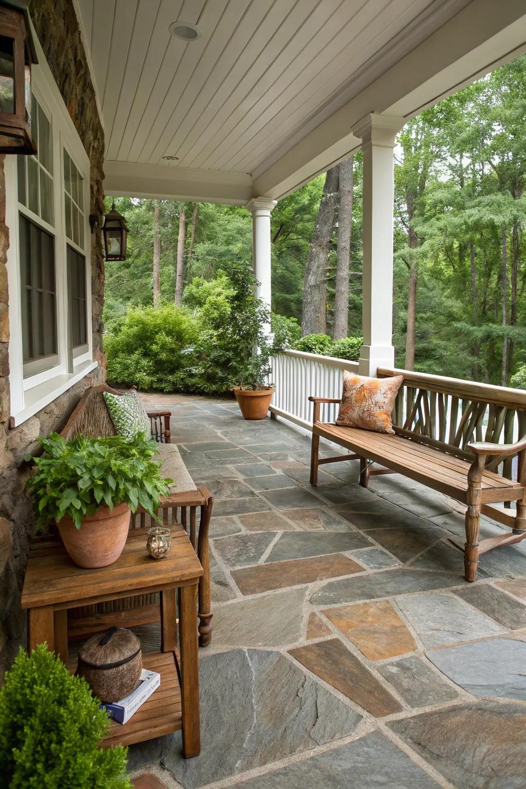 The rustic warmth of natural stone tiles creates a welcoming porch environment.