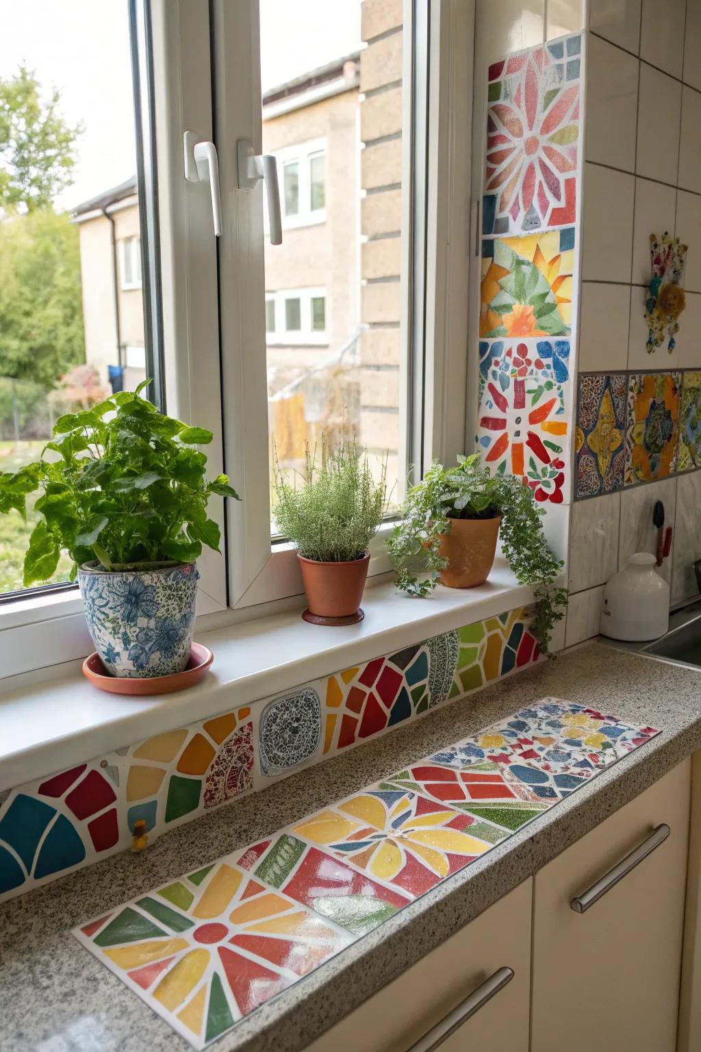 Colorful mosaic tiles introduce a lively and artistic flair to this kitchen windowsill.