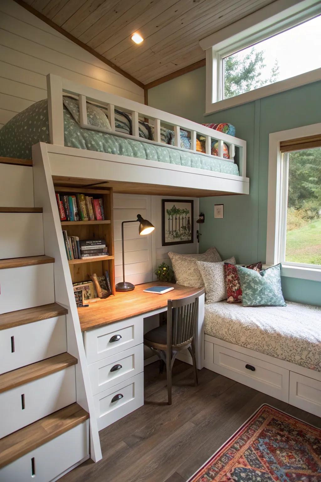 A raised bed design that frees up floor space for a cozy desk area below.
