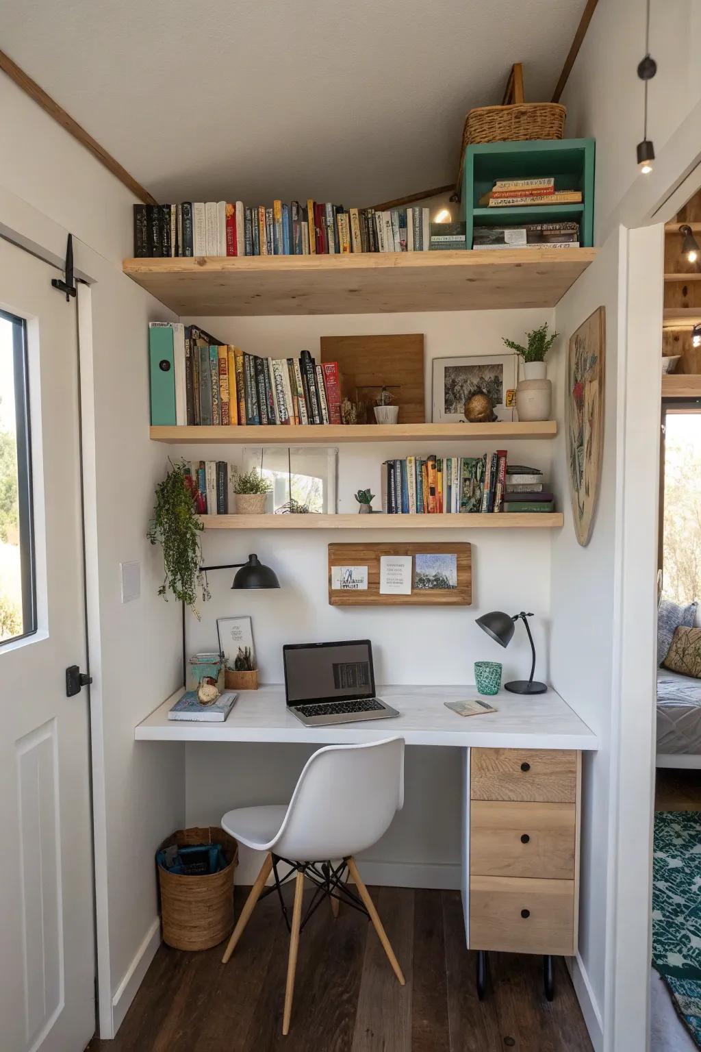 Integrated racking maintains the workspace organized and uncluttered.