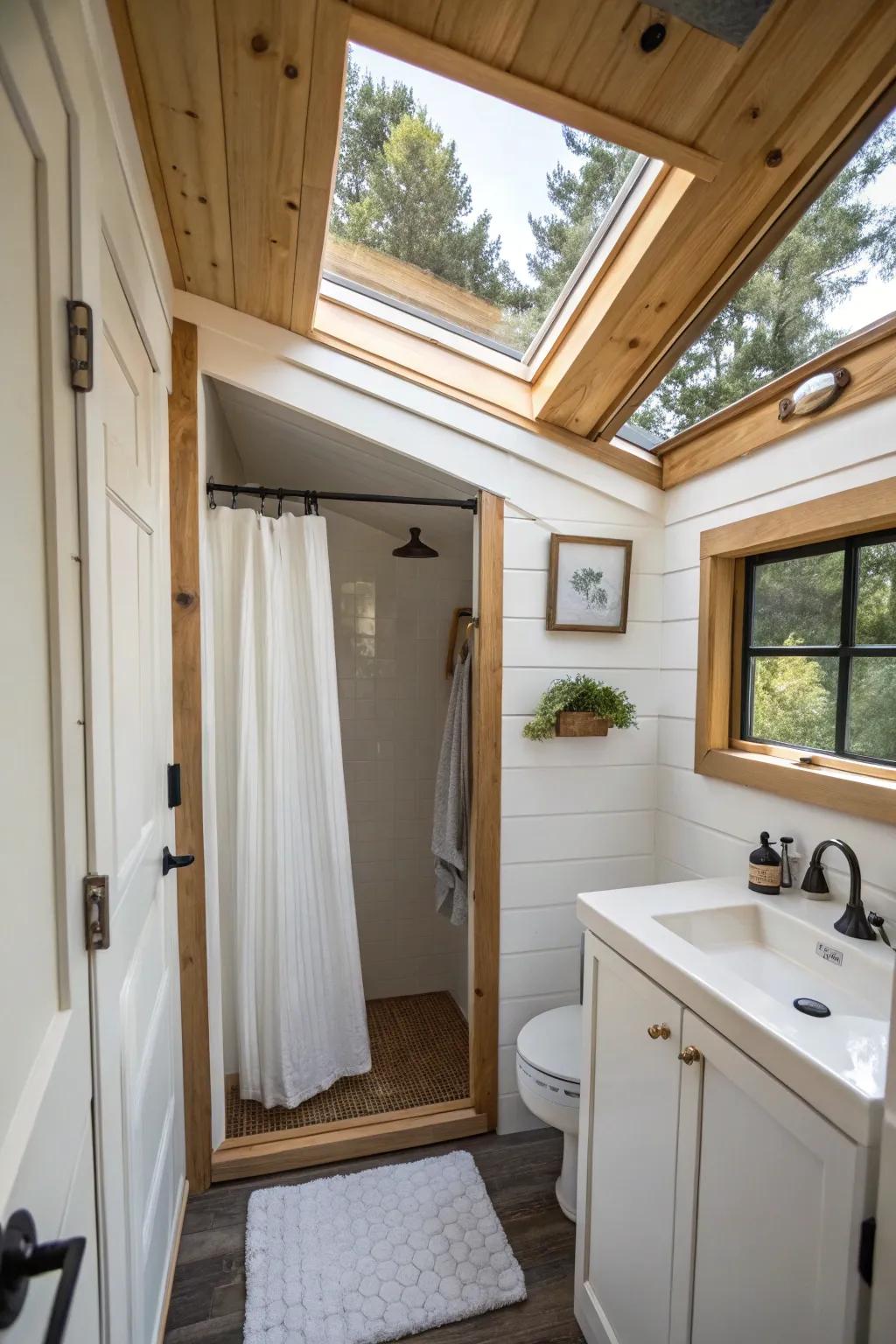 A roof window greatly expands this small bathroom with natural light.