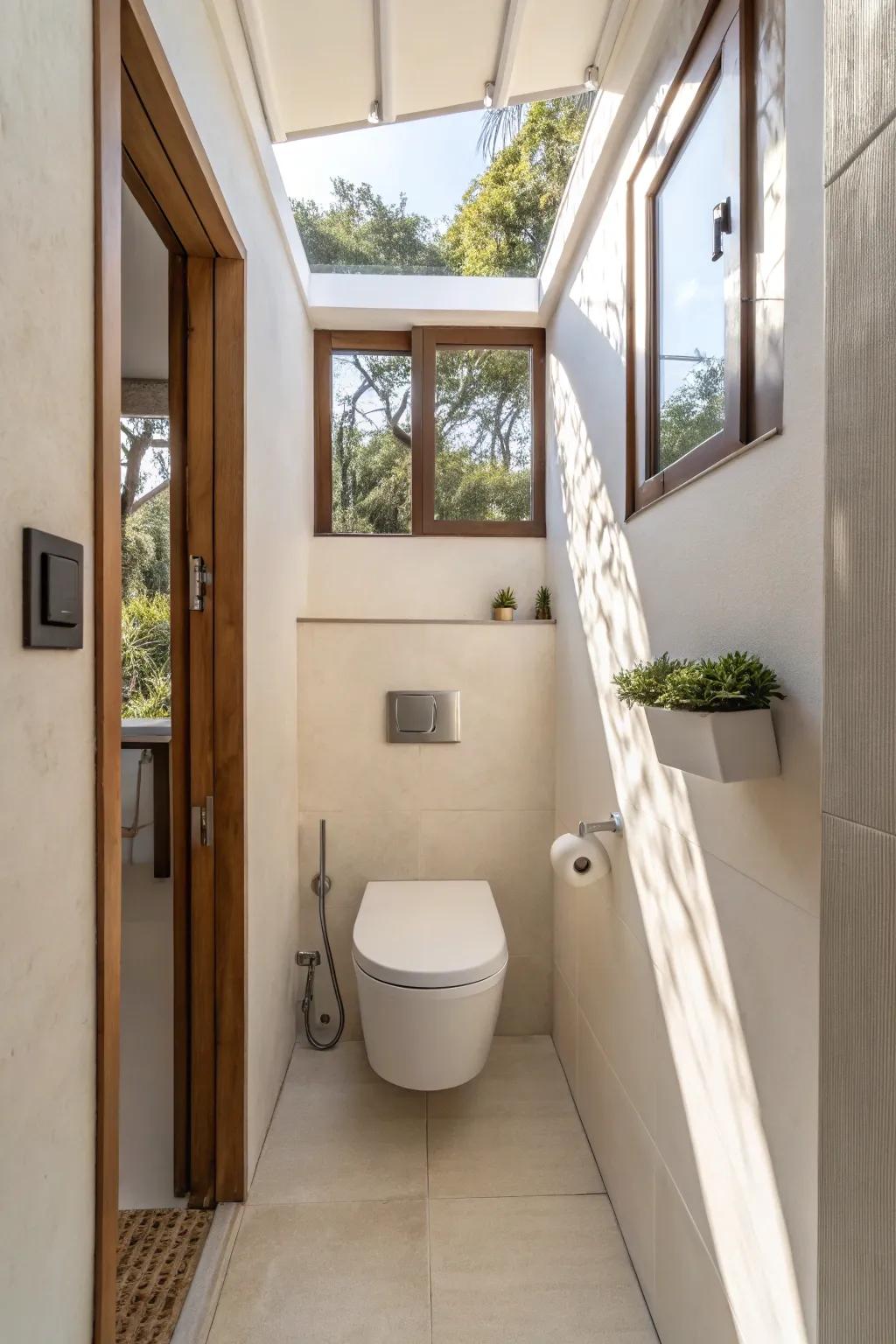 Wall-mounted toilet maximizing space in a small bathroom