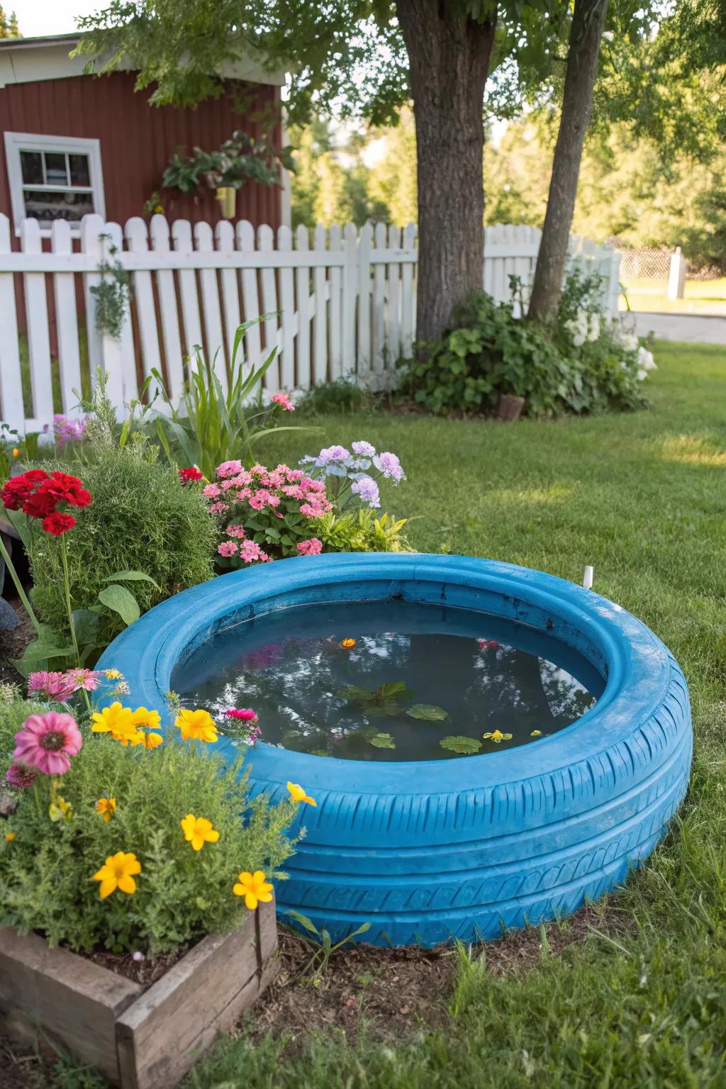 A lively blue painted tire pond that distinctly captures attention.
