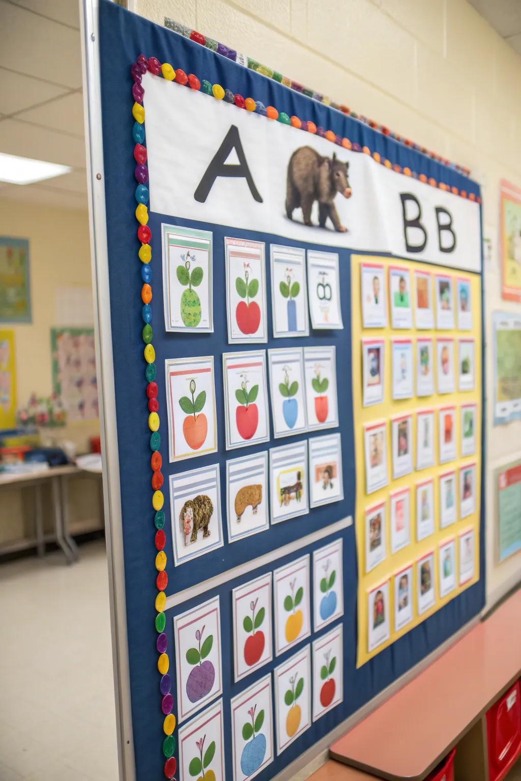 An alphabet-themed board showcasing letters coupled with corresponding images.