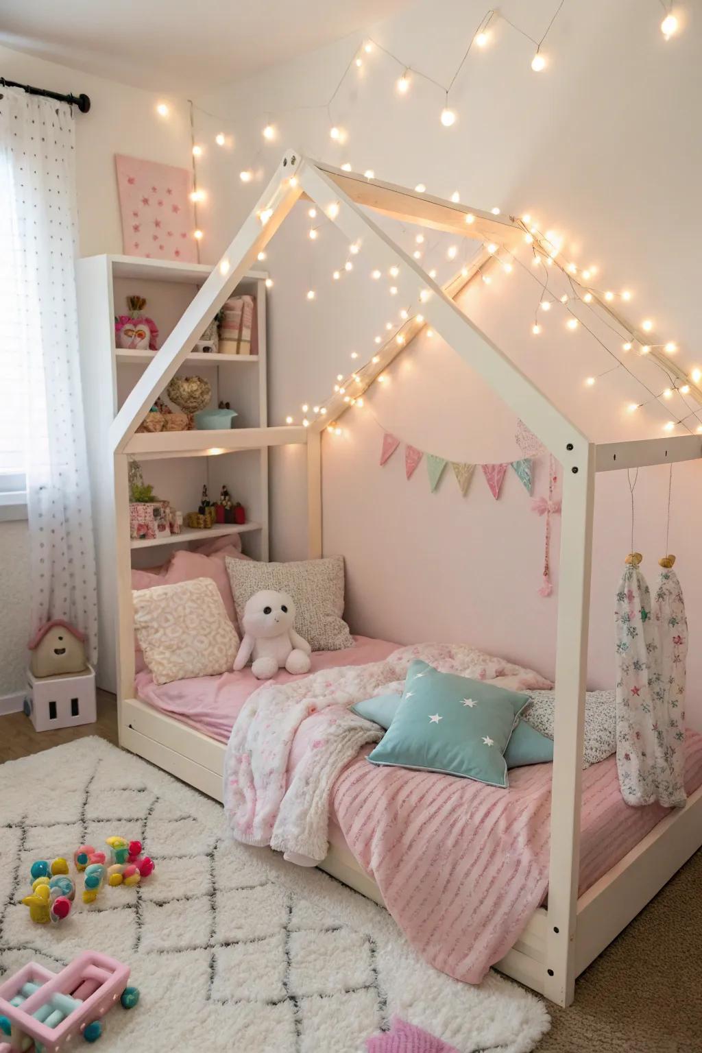 An enchanting cottage-inspired sleeping space adds charm and comfort.