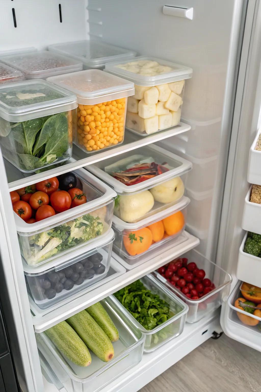 Vertical food storage achieved via see-through dividers in a top freezer, boosting space efficiency and visibility.