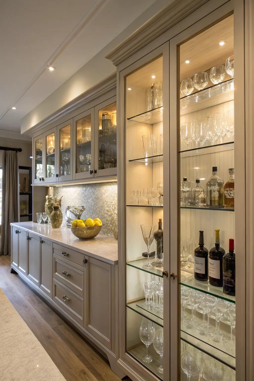 Glass-front cabinets offer a refined and modern aesthetic, perfect for showcasing elegant glassware.