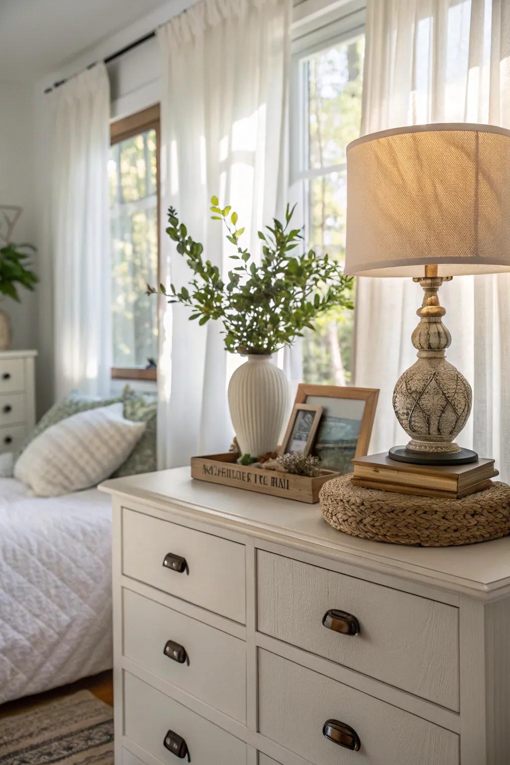 A simple potted plant breathes life into the top of a dresser.